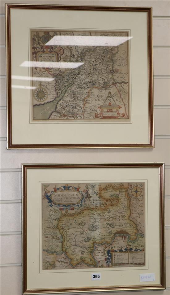 John Norden and Christopher Saxton, two coloured engravings, Maps of Gloucester and Middlesex, 27 x 34cm